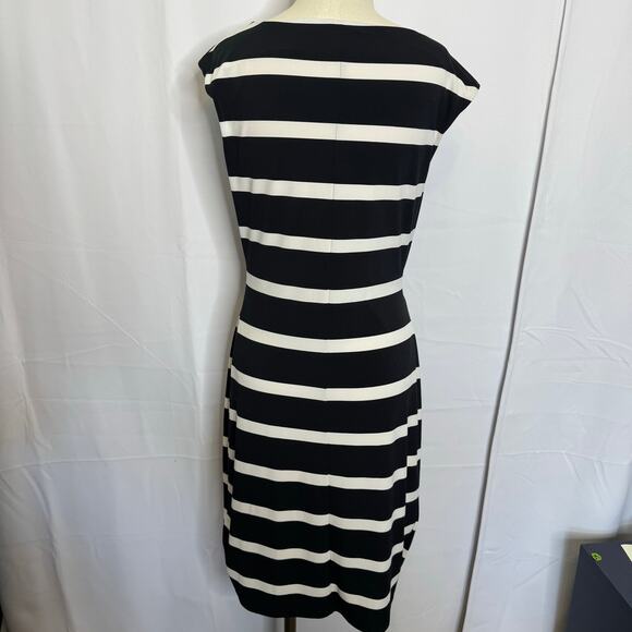 Ann Taylor Black White Striped Belted Sheath Dress Medium Work Cocktail - Picture 3 of 6